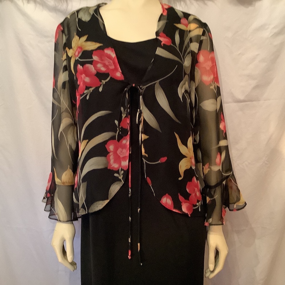 Scarlet 2 pc. Black dress with sheer floral‎ wrap ruffle sleeves
